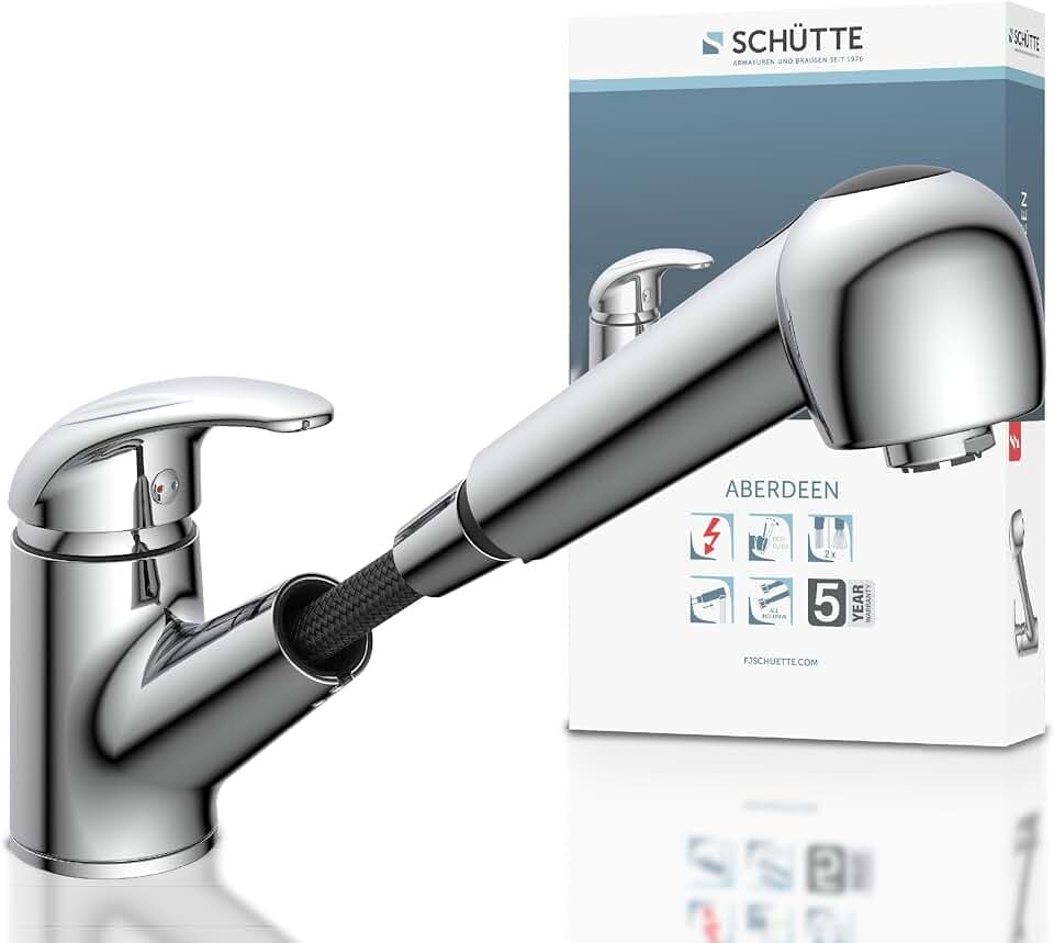 SCHÜTTE 33379 ABERDEEN Niederdruck-Küchenarmatur mit ausziehbarer Geschirrbrause, Wasserhahn für die Küche mit Anti-Nachlauf-Funktion, Mischbatterie mit Einhebelmischer, Spültischarmatur, Chrom