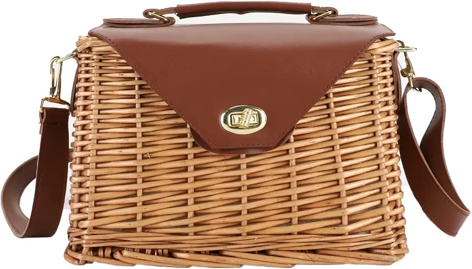 YAHUAN Wicker Handbag Straw Purse for Women, Hand Woven Rattan Bag with Leather Strap, Summer Beach Bag with Lining