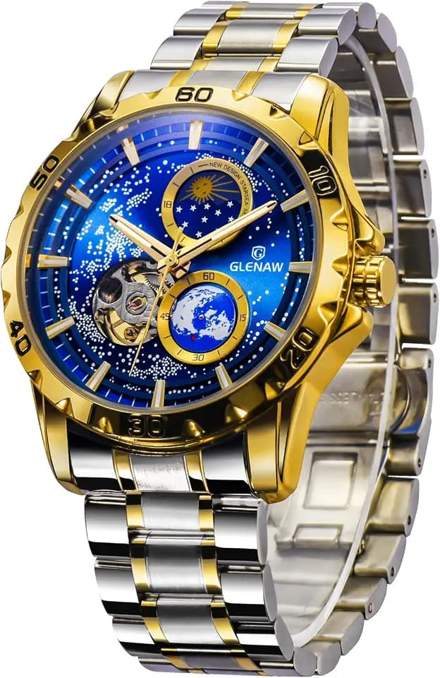 Automatic Watches for Men, Rotating Earth Multifunctional Men's Mechanical Watch Starry Sky Dial Steel Band Stopwatch Sun Moon Stars Automatic Men's Watch (8950-Gold Blue1)