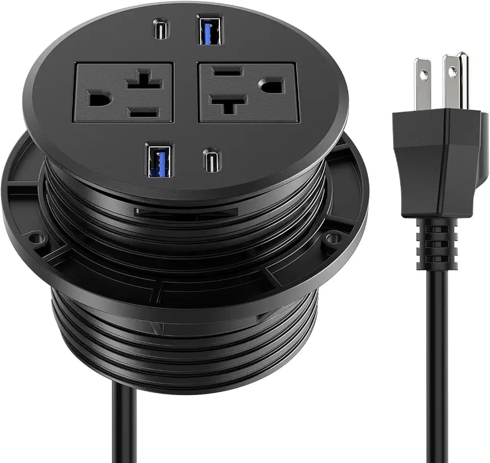 CCCEI 3.15 inch Power Grommet with USB Ports, Office Desk Hole Round Recessed Outlets, Flush Mount, Furniture Hidden High Amp Plug Station, Black, 6FT Extension Cord.