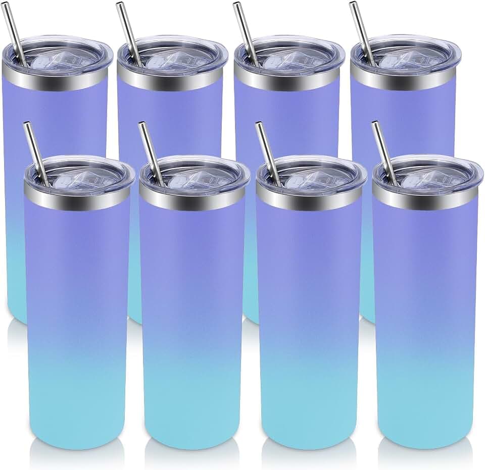 Volhoply 8 Pack Skinny Tumblers with Lid and Straw, 20oz Stainless Steel Straight Tumbler Bulk, Vacuum Insulated Coffee Mug for Home, Office, Travel, DIY (Purple Bule,8 Pack)