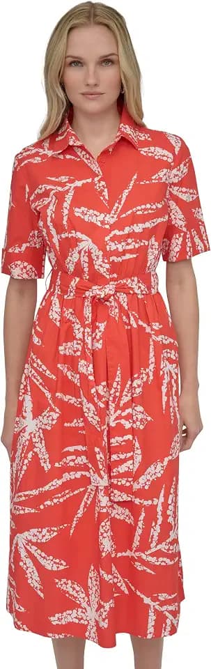 DKNY Women's Short Sleeve Cotton Poplin Collared Midi Shirtdress