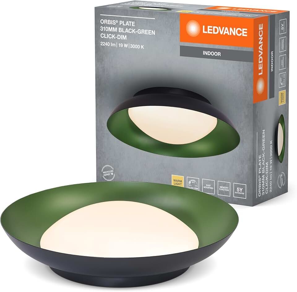 LEDVANCE Orbis Plate LED-Deckenleuchte, schwarz-grün, 19W, 1000lm, 3000K, 310mm, 830 freundliches Warmweiß, durch Kicken in 3-Stufen dimmbar, IP20 Schutz, Montageschrauben und Dübel inklusive