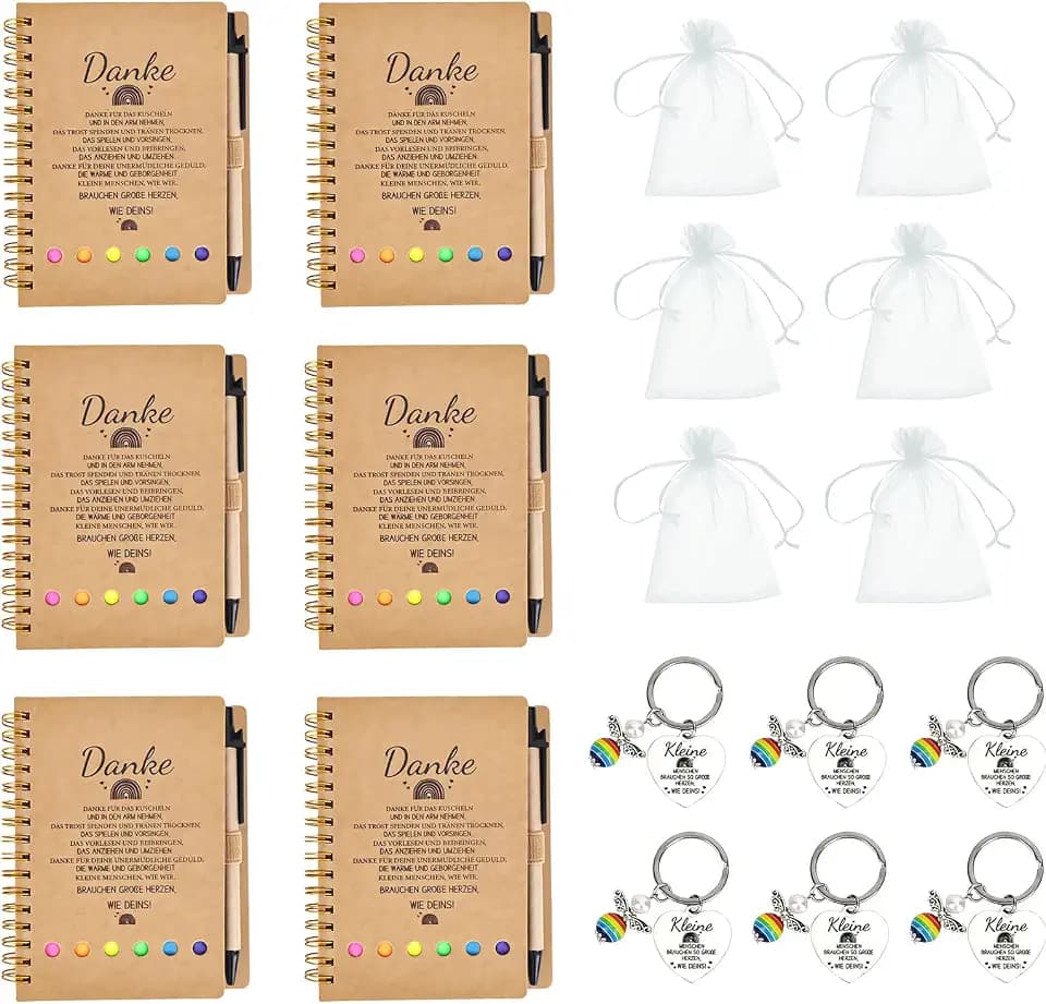 6er-Pack Abschiedsgeschenk Erzieherin, Inklusive Notizblöcke, Schlüsselanhänger, Organzabeutel, Dankeschön Geschenk für Erzieherin Lehrerin Lehrer, Abschied Geschenk, Kita Kindergarten Grundschule