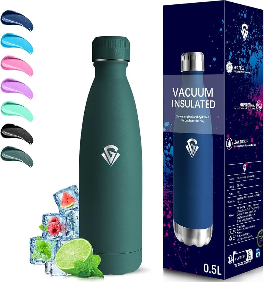 Grsta Thermosflasche, 500ml Trinkflasche Edelstahl, BPA-Frei, Thermosflasche Auslaufsicher, 24h Kalt & 12h Warm, Trinkflasche Metall, Isolierflasche Doppelwandig, Flasche für Schule, Camping, Büro