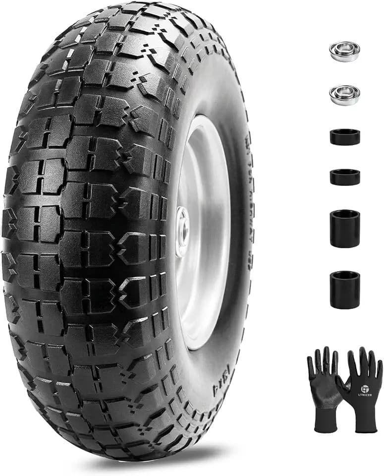13 Inch Wheelbarrow Tire Flat Free 4.00-6 Tires, 5/8" Bearings Universal Solid Tires with Extra 3/4" Bearings Replacement for Wheelbarrow, Gorilla Cart, Hand Trucks, Garden Carts(1 PCS)
