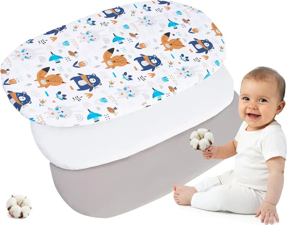 Medi Partners Baby Spannbettlaken Kinderwagen Laken 86x40 3-Pack Bettlaken Stubenwagen - 100% Baumwolle Fitted Sheet für Beistellbett Babybett Bezug (Boho Animals-Weiß-Graue)