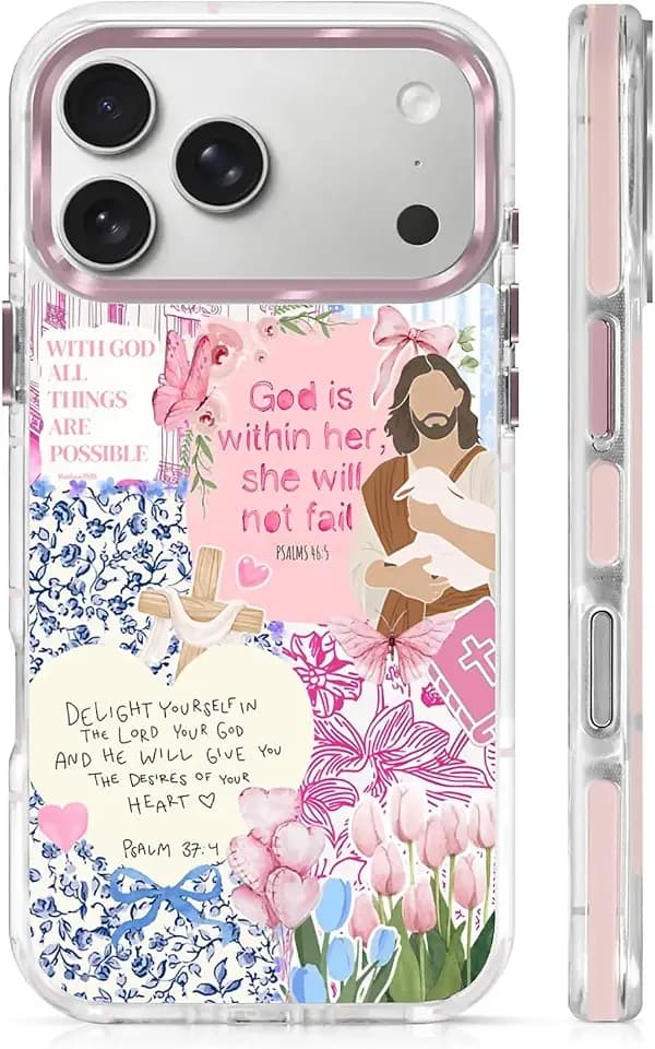 Clear Case for iPhone 17 Pro Max, [Magnetic Charging Compatible][Military-Grade Protection][Anti-Yellowing] Shockproof Slim Magnetic Phone Case for iPhone 17 Pro Max, Pink Jesus Collage