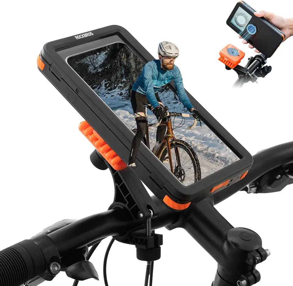 ROCKBROS Magnetic Bike Cell Phone Holder IPX4 Waterproof Motorcycle Phone Mount on Handlebar Fit for 4.7"-6.9" Phones FlipCase 360° Full-Body Protection 3S Quick Auto Lock Rotateable Anti-Shock