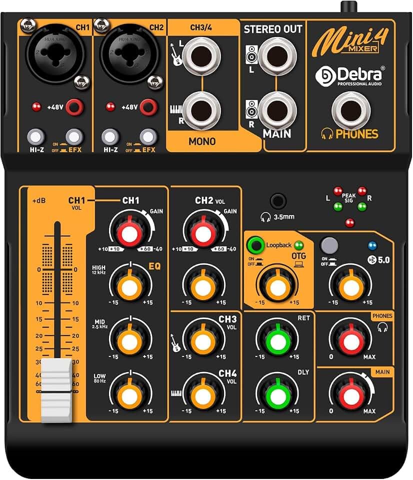 Audio Mixer D Debra Audio Mini4 Portable 4-Channel DJ Mixer Console, Sound Mixing Board with USB Bluetooth 48V Phantom Power, Audio Console for Live Wedding Party Recording Broadcast (Mini4)