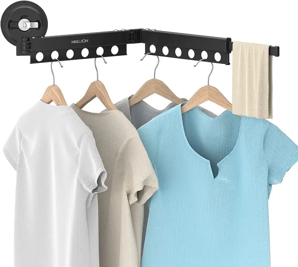 Mbillion Wäscheständer zur Wandmontage mit Saugnapf, Wäscheständer mit Handtuchstange, Starke Tragfähigkeit, faltbar, platzsparend, geeignet für Glatte Oberfläche,2 Pol
