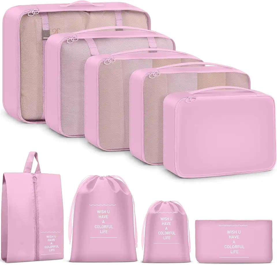 9 Set Packing Cubes for Travel Essentials - Lightweight Carry-On Luggage Organizer Bags with Shoe, Clothes & Laundry Bags for Airplane, Family & Business Travel, Pink