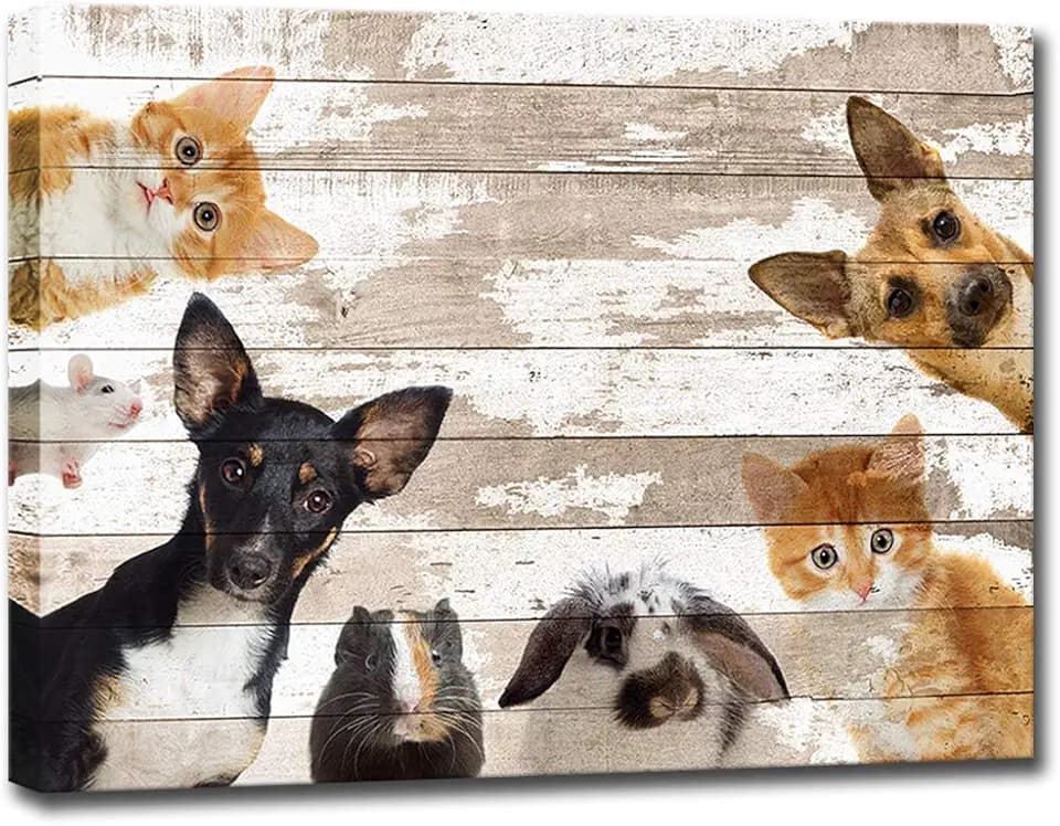 Cute Animals Canvas Wall Art Vintage Dog Cat Mouse Rabbit Hamster Picture Painting Print on Canvas Modern Home Decoration Framed and Stretched for Baby Room Kids Room Ready to Hang 16"x20"