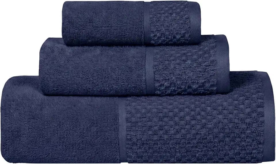 SUPERIOR Cotton Bathroom Towel Set Plush Absorbent 3 Piece, Navy Blue Ivory
