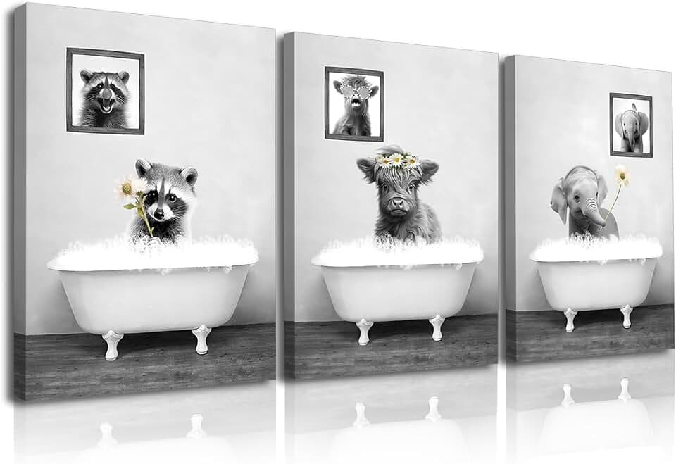 Piy Painting Schwarz und Weiß Leinwandbilder, Kuh und Elefant Baden in der Badewanne, Tierwandbilder Kunstdrücke Bild auf Leinwand mit Innenrahmen für Badezimmer Yoga-Raum 30x40cm 3 Stück