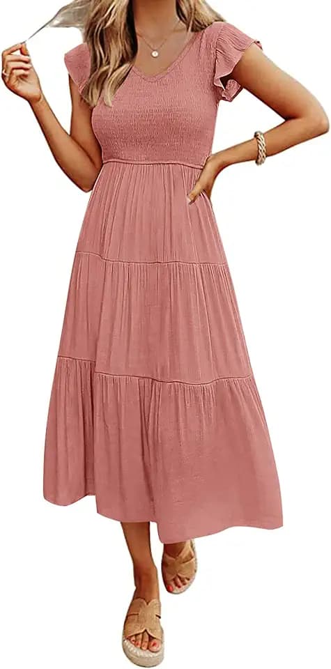 MEROKEETY Women's Summer 2026 Flutter Sleeve Smocked Casual Midi Dress