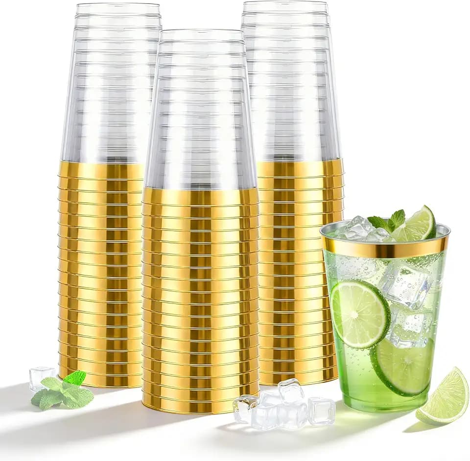 N9R 72PCS Clear & Gold Rim Plastic Cups Disposable, 12 oz Party Cups