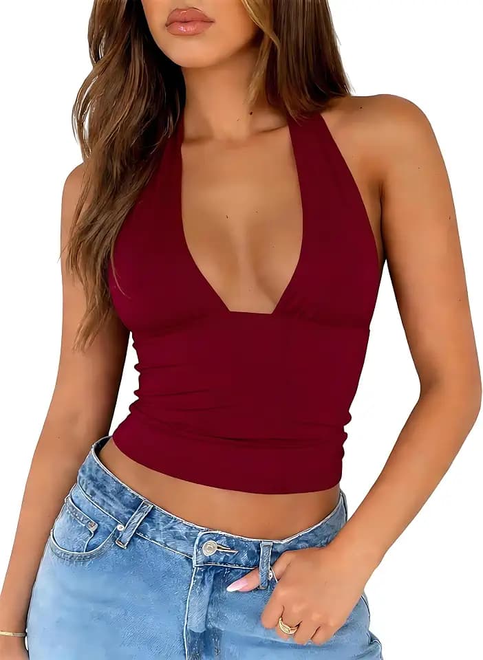 ForeFair Women's Sexy Halter Neck Backless Tank Top Deep V Neck Sleeveless Open Back Y2K Slim Fit Summer Crop Tops