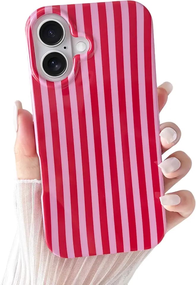 Yeddabox for iPhone 16 Case Cute Striped Phone Case Soft TPU Slim Shockproof Phone Cover for Women Girls, Red and Pink