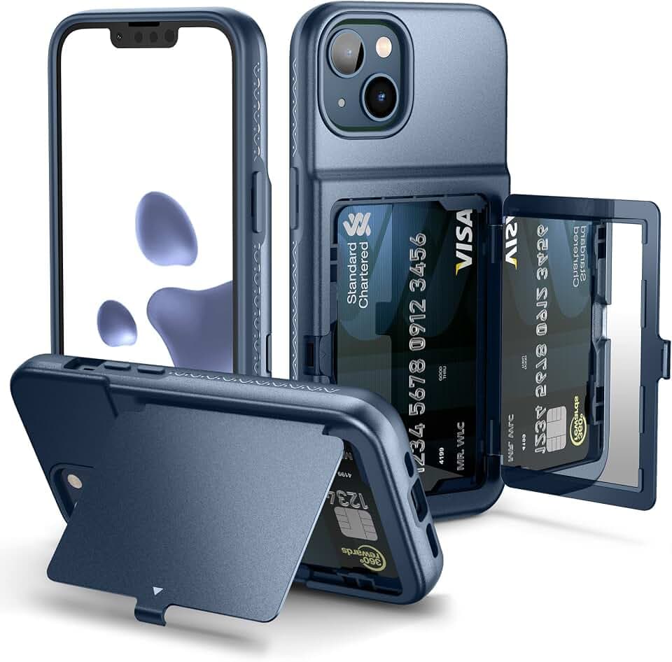WeLoveCase Schutzhülle für iPhone 13, mit Kreditkartenfach und verstecktem Spiegel, DREI Schichten, stoßfest, strapazierfähig, Schutzhülle für iPhone 13-6,1 Zoll, Blau