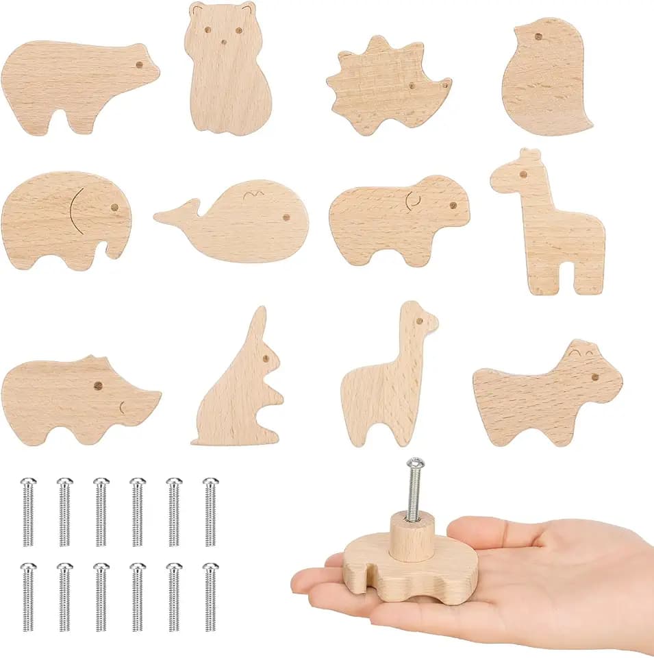 Lvefyti 12 Holz Möbelknöpfe Tierformen für Kinderzimmer mit Schrauben