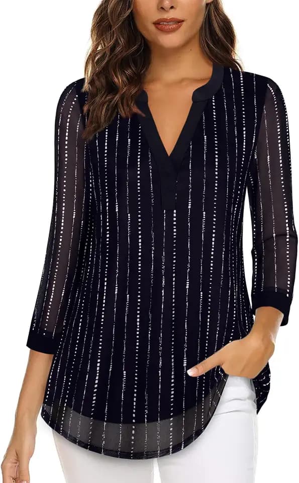 Timeson Women's 3/4 Sleeve Blouses Casual V Neck Dress Shirts Double Layers Mesh Tunics Tops