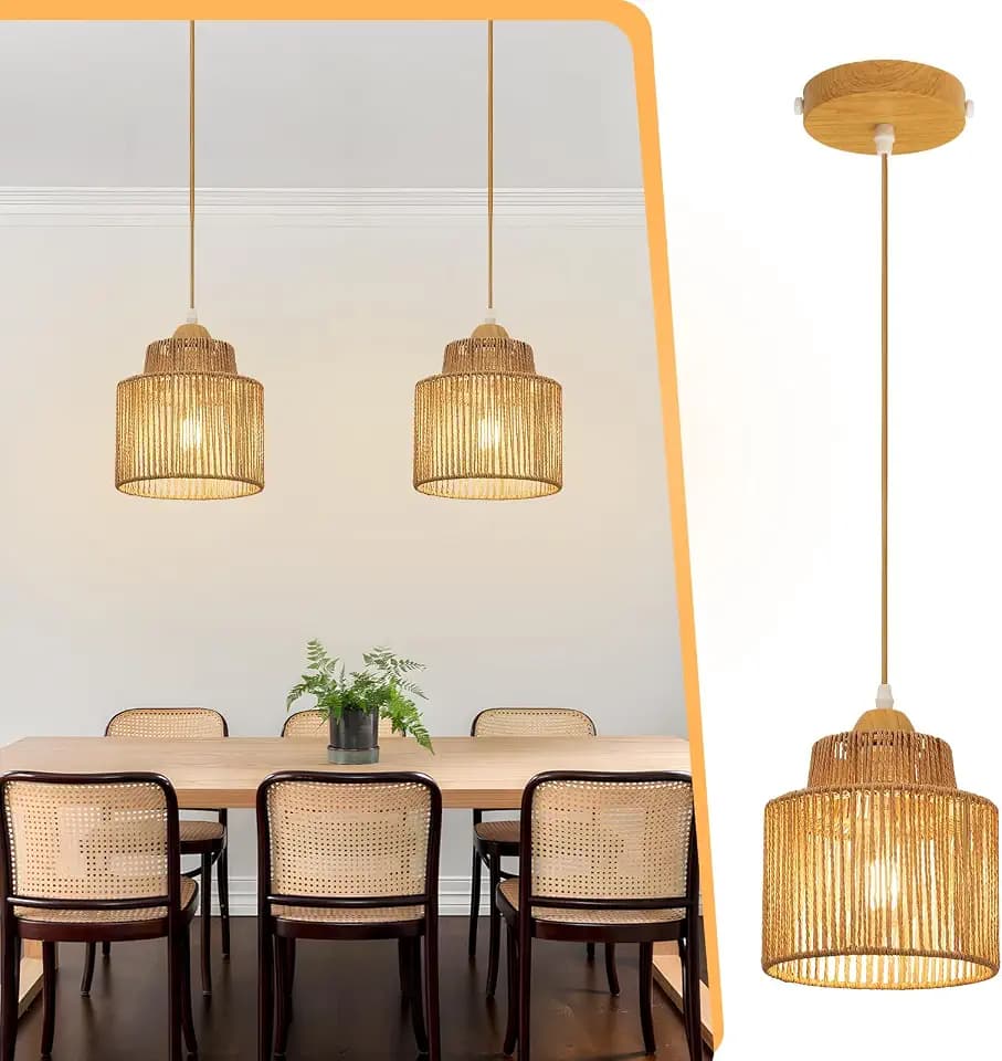 2 Pack Boho Rattan Pendant Lights for Kitchen Island 7.1" Round Lamp