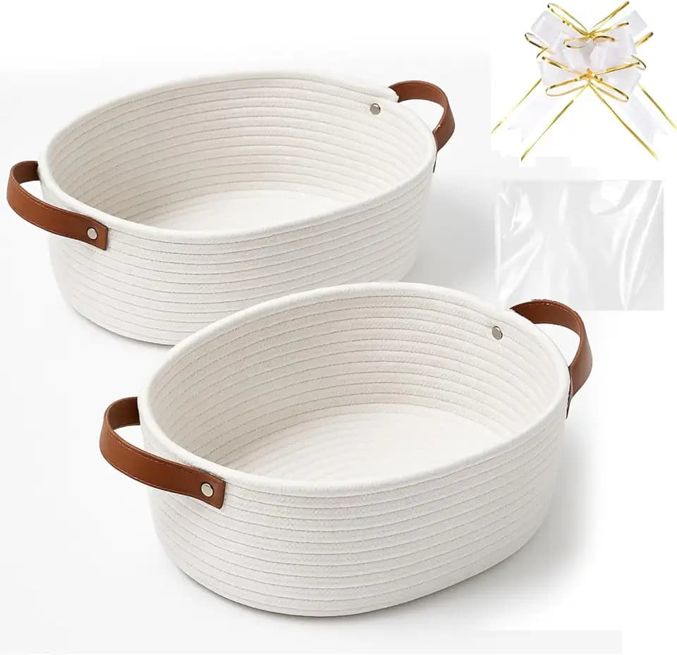Colingmill 2 Pack Graduation Woven Baskets for Gifts Empty with Handle Graduation 12 x 8 x 5 Inch Small Holiday Basket with Bags and Ribbons Empty Organizer for Wedding Birthday Gift(White)