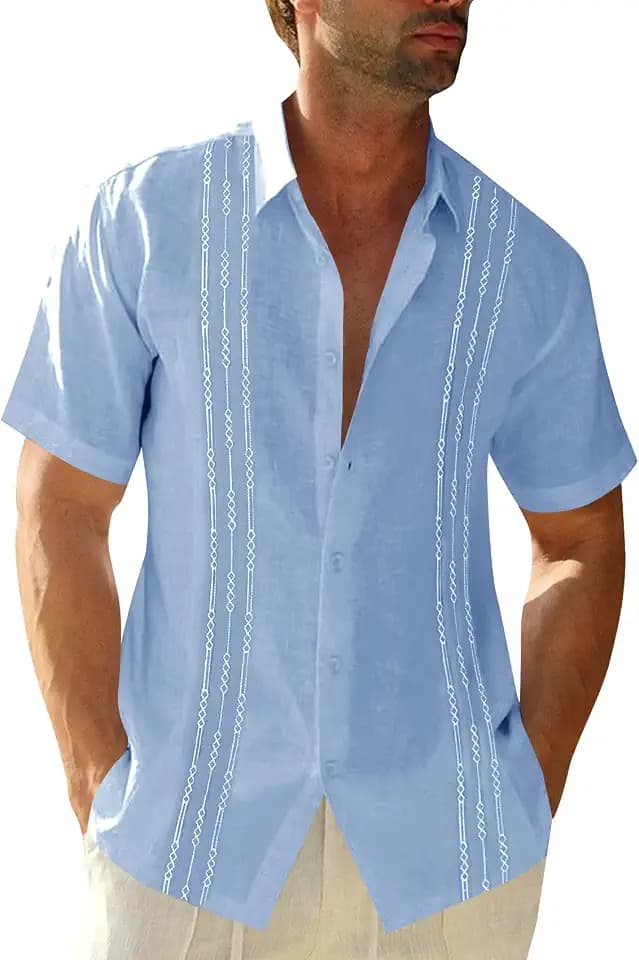 Runcati Mens Short Sleeve Guayabera Shirts Linen Button Down Cuban Shirt