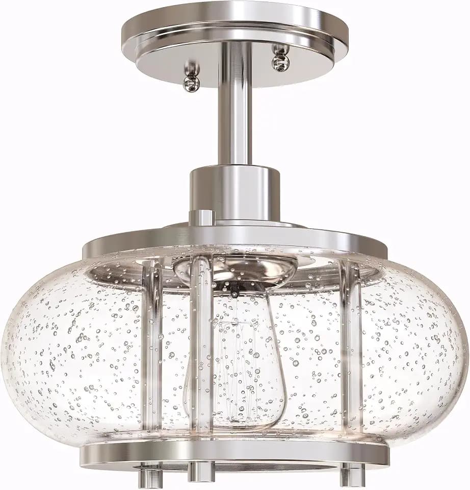 Tawson Elisha 1-Light Semi Flush Mount Ceiling Light with Seedy Glass Shade in Brushed Nickle Finish for Hallway, Entryway, Passway, Dining Room, Bedroom, Garage, Kitchen Island, Balcony, Living Room