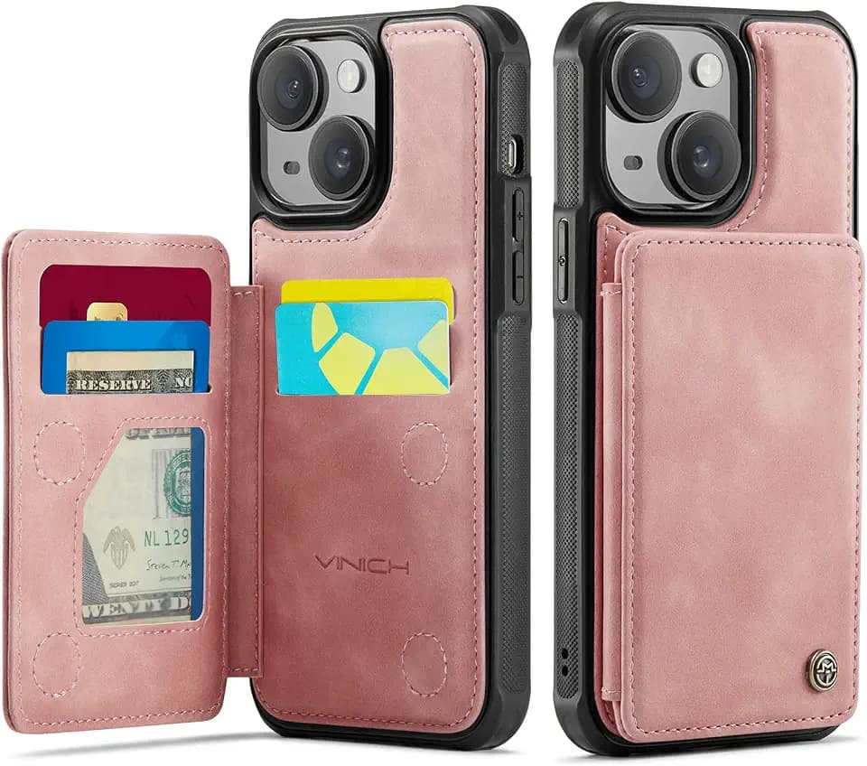 Vinich for iPhone 15 Plus Wallet Case with Card Holder, Rose Pink