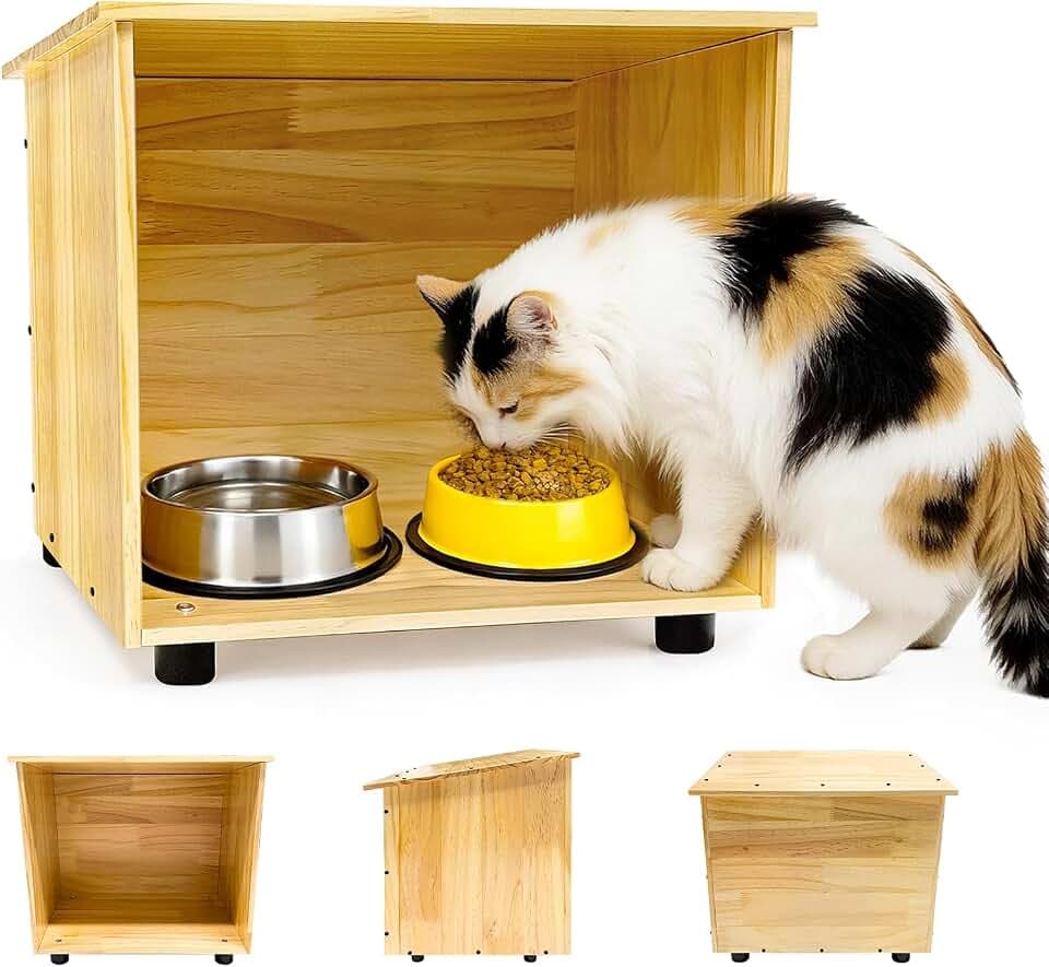Outdoor Cat House Feeder Cat Shelter Wooden Cat House for Outdoor Feeding Station for Stray Cats or Pet Cats