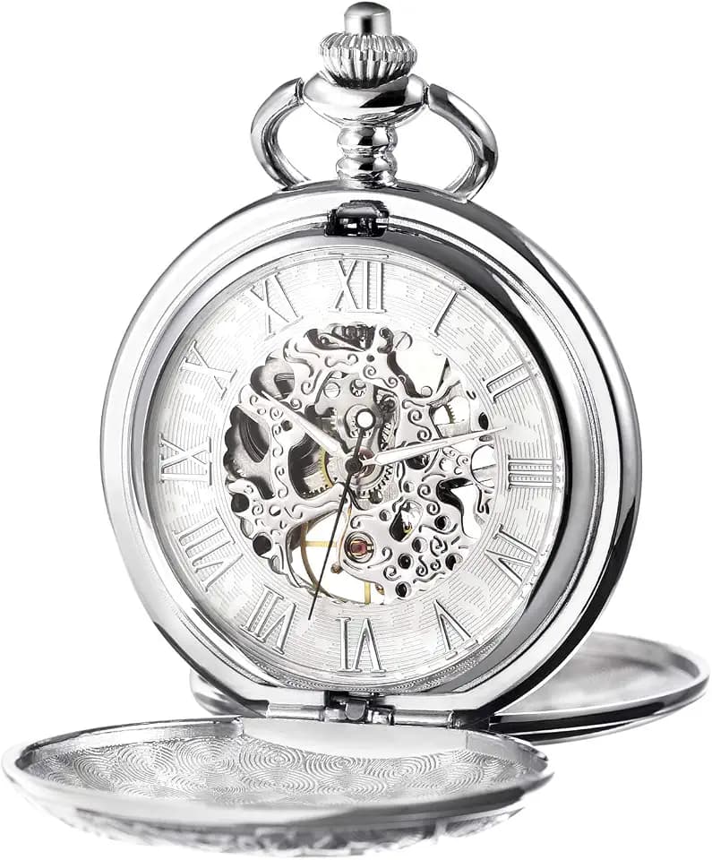 TREEWETO Men's Mechanical Skeleton Pocket Watch for Mens Women Blue Roman Numerals Dial Double Case Pocket Watches