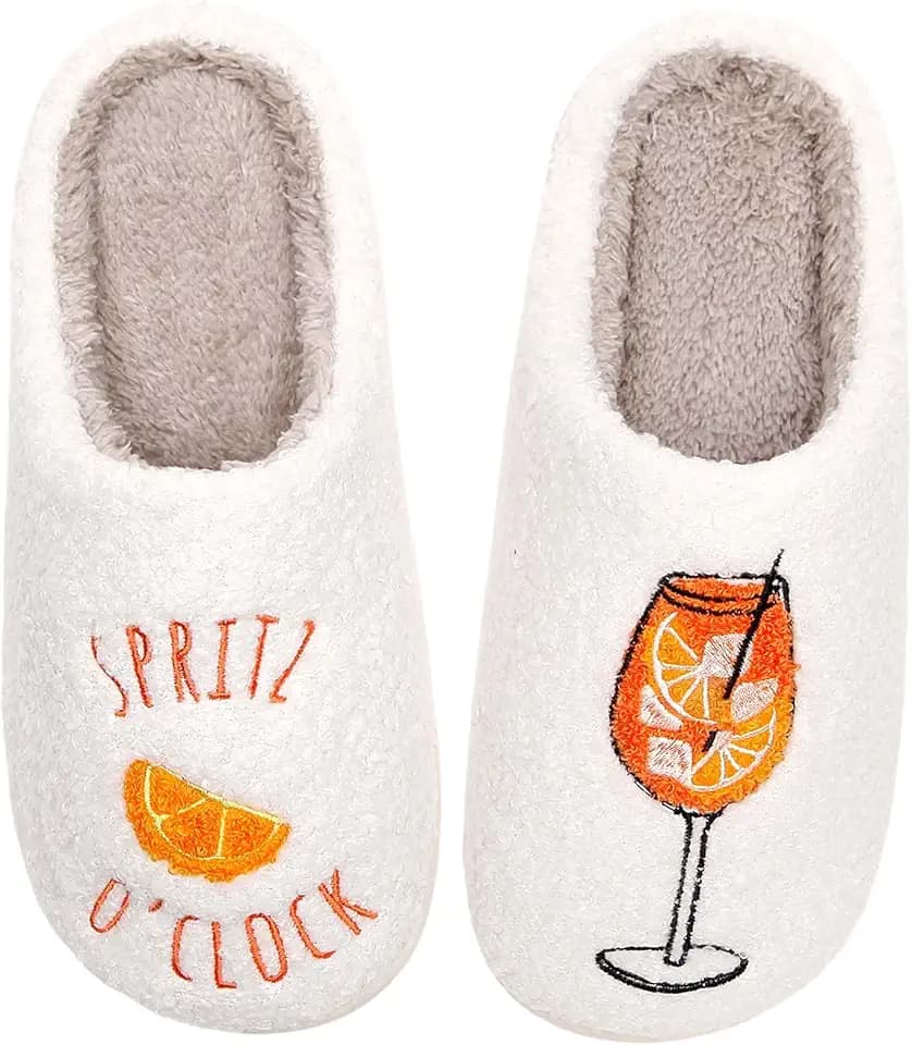 Cozy Time Women's Espresso Martini House Slippers, White Plush Memory Foam, Indoor Non-Slip Footwear with Embroidered Design, Novelty Coffee Cocktail Theme