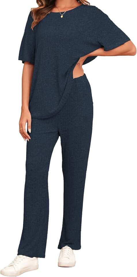 Famulily Schlafanzüge für Damen Sommer Kurzarm Loungewear Hausanzug Weites Bein Freizeitanzug Zweiteiler Set Outfit mit Taschen
