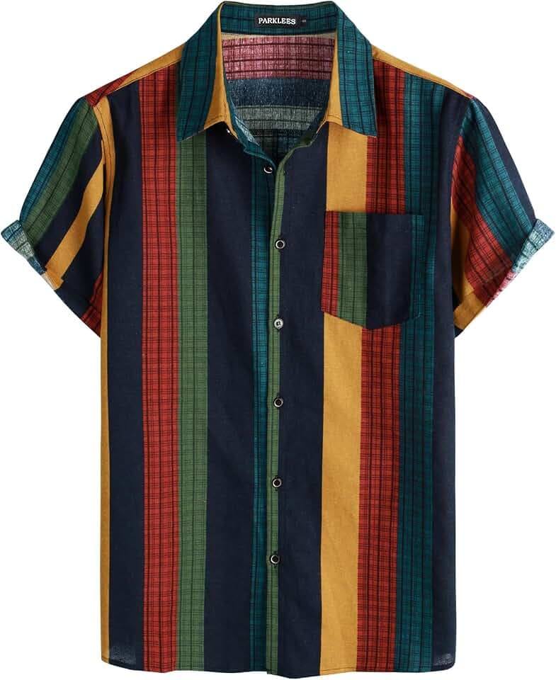 PARKLEES Herrenhemd aus Baumwollleinen, 70er-Jahre-Stil, Vintage-Muster, lässig, kurzärmelig, Retro-Shirt