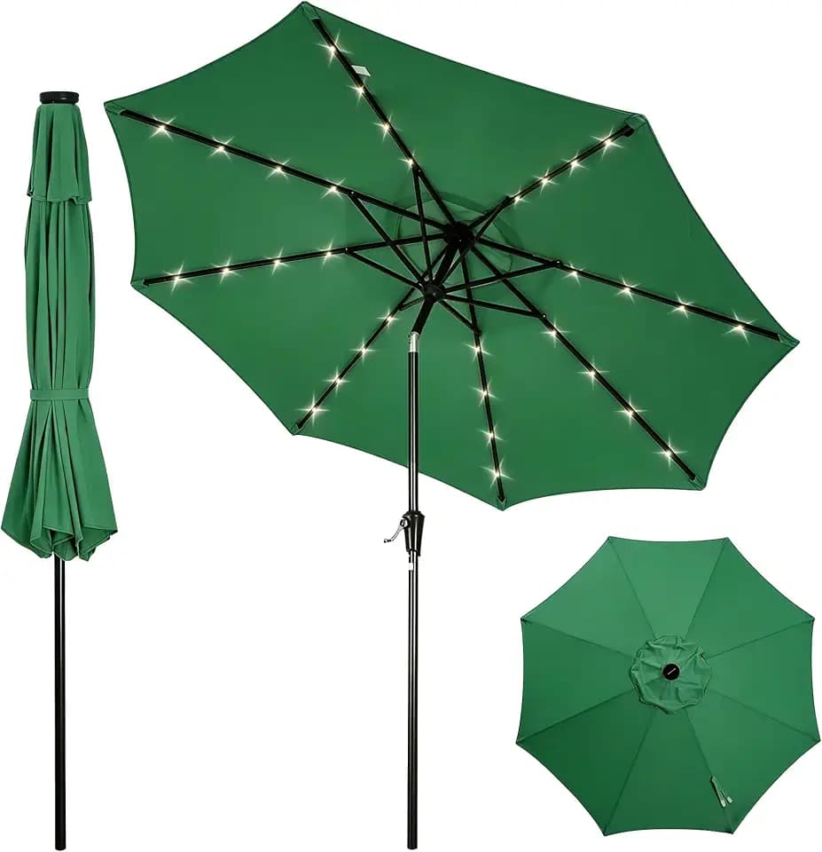 Garvee 9FT Patio Umbrella with 32 Solar LED Lights, Outdoor Table Market Umbrella with Tilt and Crank, 8 Sturdy Iron Ribs Sun Shade for Garden, Deck, Backyard and Pool