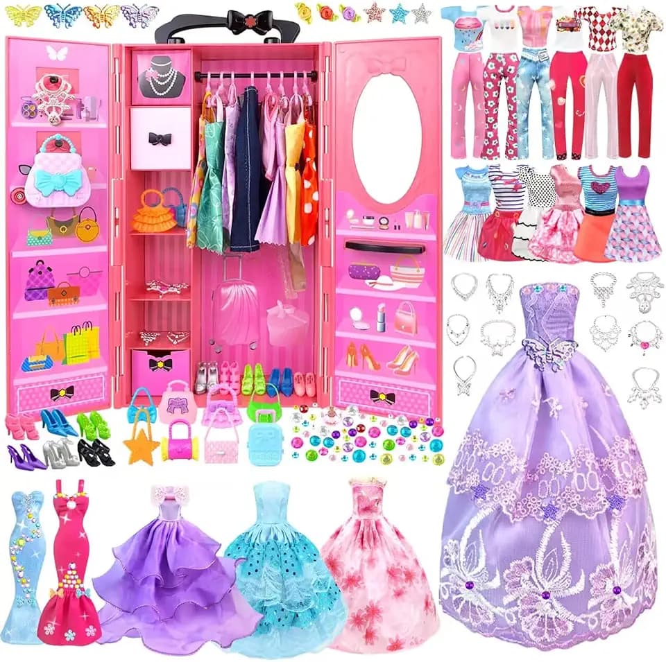 Kleidung für Puppen kleiderschrank Kleidung Schmuck Zubehör für 11,5 Zoll Puppe Dress Up Set Puppenschrank mit Hochzeitskleid Kleider Oberteile Hosen Schuhe Taschen Spielzeug Geschenk für Mädchen