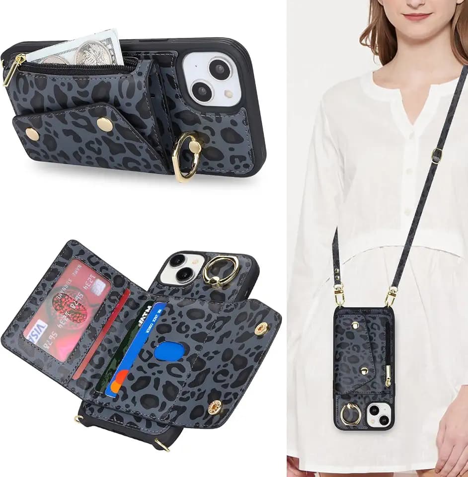 Lipvina Crossbody Wallet Case for iPhone 14,Black Leopard