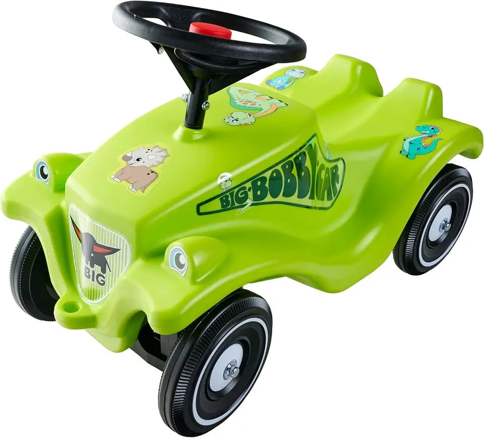 Big Bobby Car Classic Dino - Rutschauto ab 1 Jahr im bunten Dino-Design mit schwarzem Sicherheits-Lenkrad und Hupe, für Kinder ab 12 Monaten (bis 50 kg), grün mit Aufklebern
