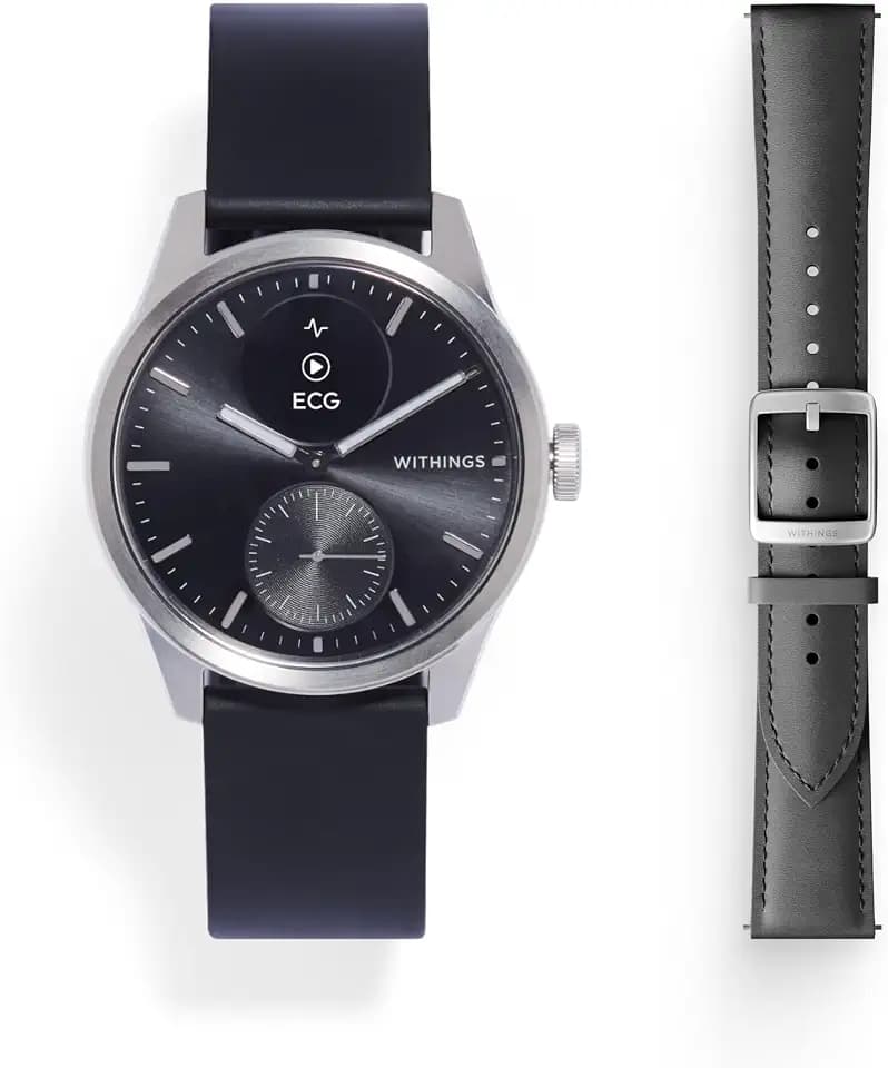 Withings ScanWatch 2 – Gesundheits-Smartwatch für Damen und Herren, EKG, SpO2, Temperatur, Schlaf-Tracker, Atemgesundheit, wasserdicht, Akku 35 Tage, Android und iOS, Bundle, Schwarz