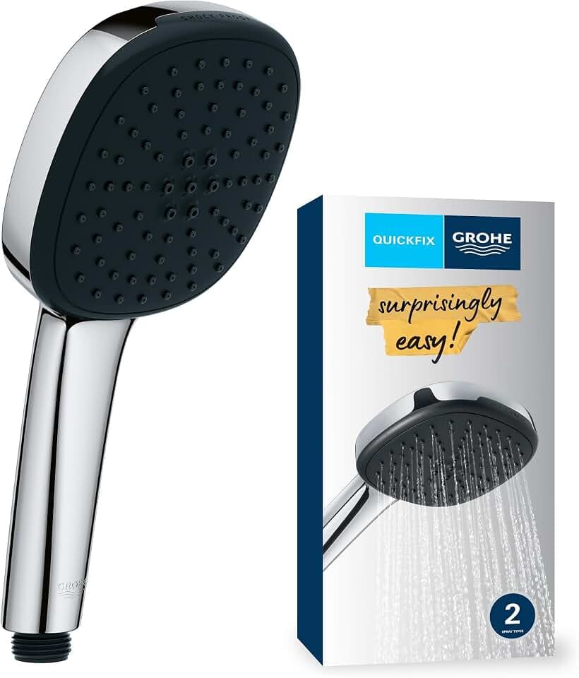 GROHE Vitalio 110, Duschkopf, 14l pro Min (Handbrause mit 2 Strahlarten, per Drehregler verstellbar, Universalanschluss, Silikonring schützt Duschbrause bei Stürzen), eckig, chrom, 26926001