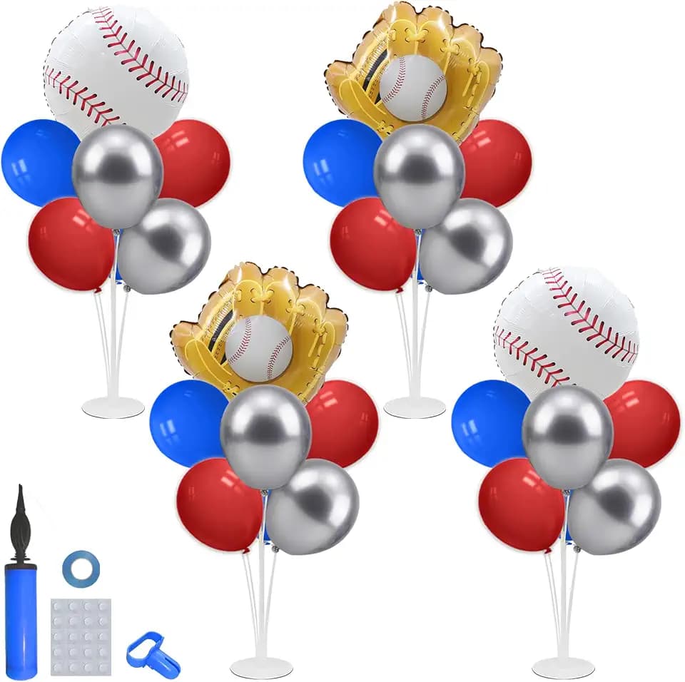 Baseball Party Decorations, 4 Set Red Blue Silver Balloon Stand