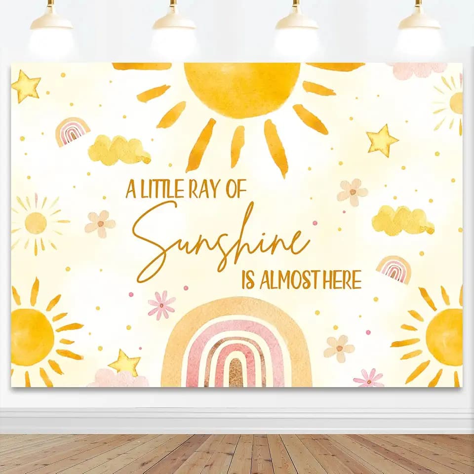 Mocsicka Sunshine Baby Shower Backdrop - 7x5ft Sun Theme Baby Shower Party Decorations Background - Little Ray of Sunshine Party Backdrop Cake Table Decorations