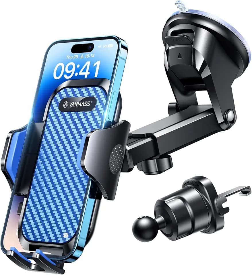 VANMASS Car Phone Holder Ultimate Military-Grade Strongest Suction & Clip Windshield Dash Best Strongest Cell Phone Automotive Dash Gauge Accents for iPhone 18 Pro Max 17 16 15 14 Blue