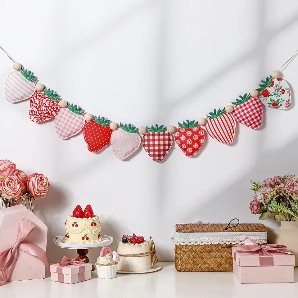 Smoothnovelty Strawberry Felt Banner Garland Decor with Wooden Beads