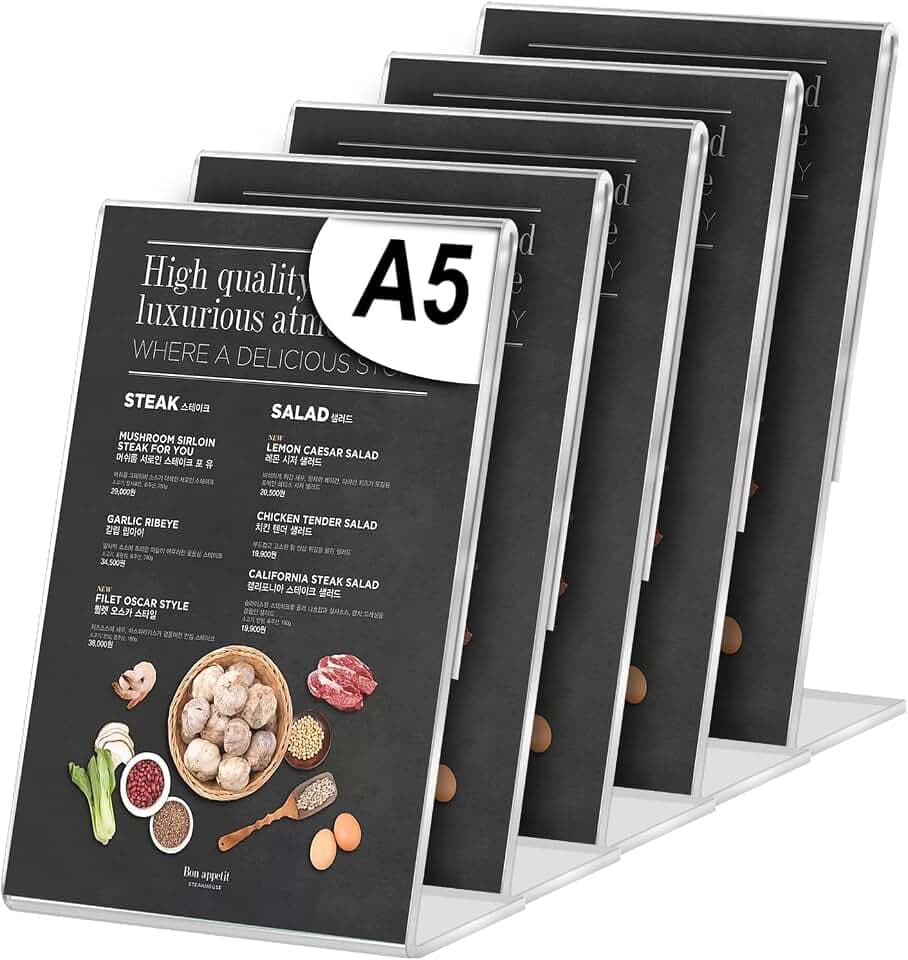 HOSPAOP 5 x Aufsteller A5, Acryl Tischaufsteller Schräg L Ständer Prospektständer Transparent DIN A5 Hoch mit Doppelseitigem Klebeband für Poster Flyer Speisekarten Preisschilder Hochzeiten