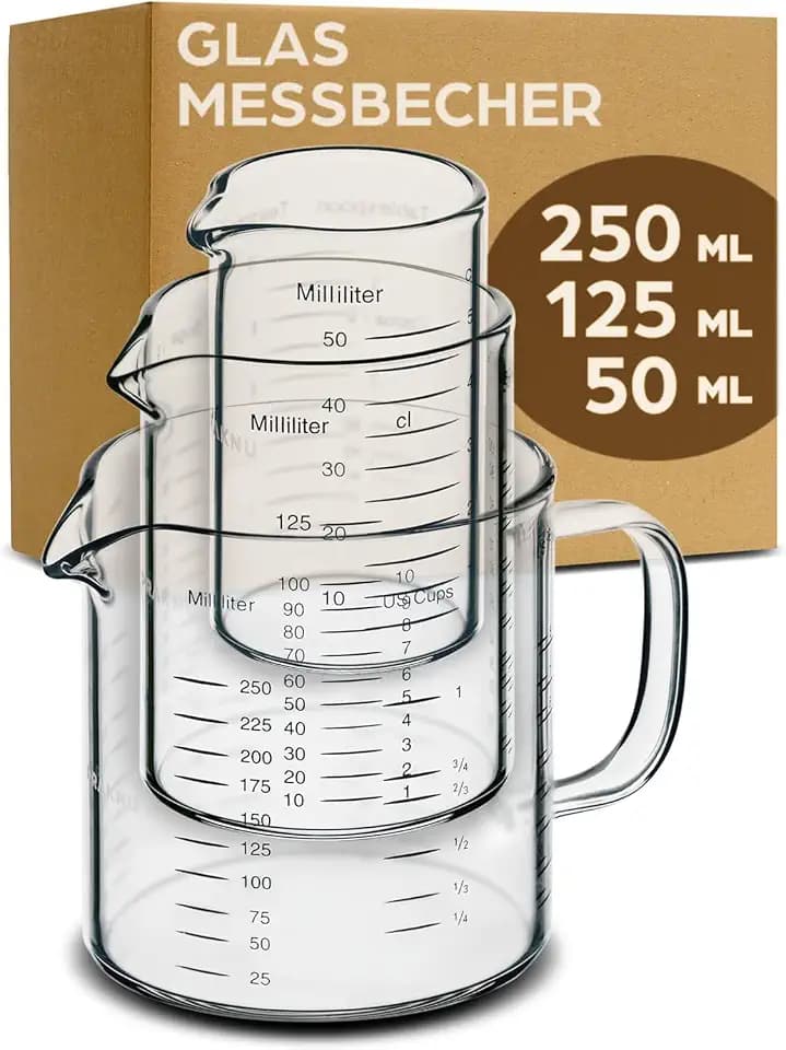 Praknu 3er Messbecher Glas 50/125/250ml – mit Ausguss – Messkanne Backen