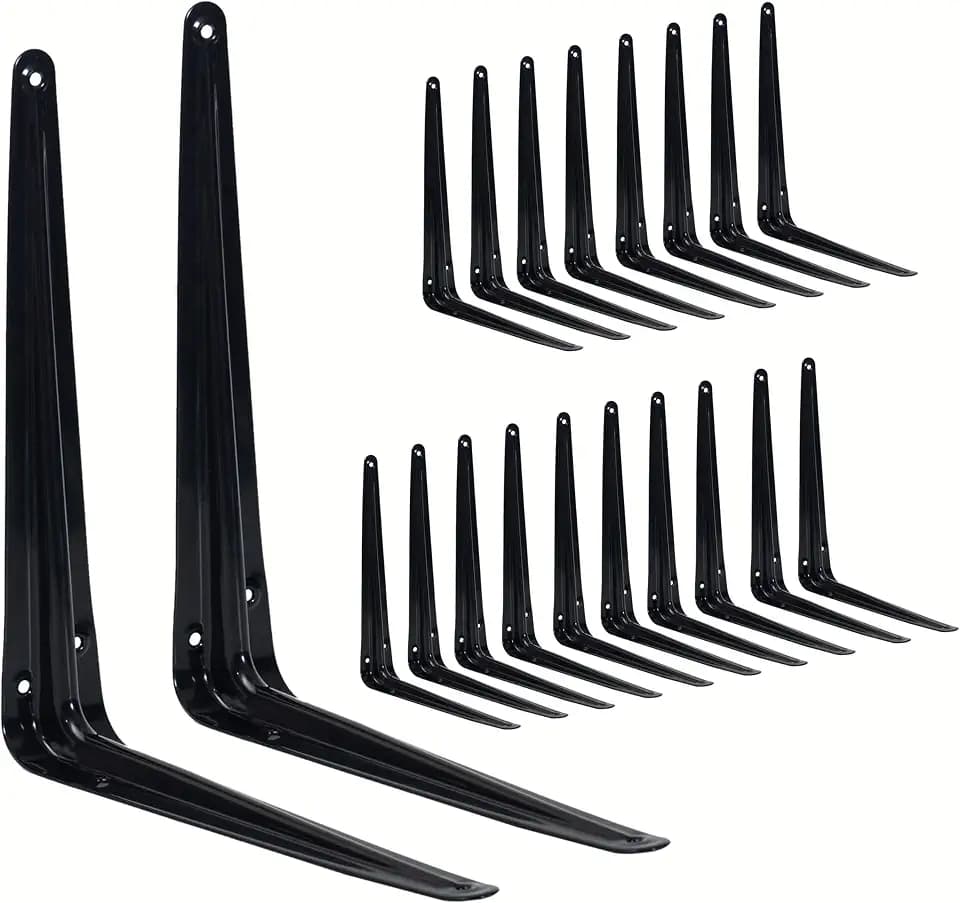 20 Pack Shelf Brackets 12 Inch, Black Metal Brackets for Shelves, L Shape Shelving Brackets (Black, 12" x 10")