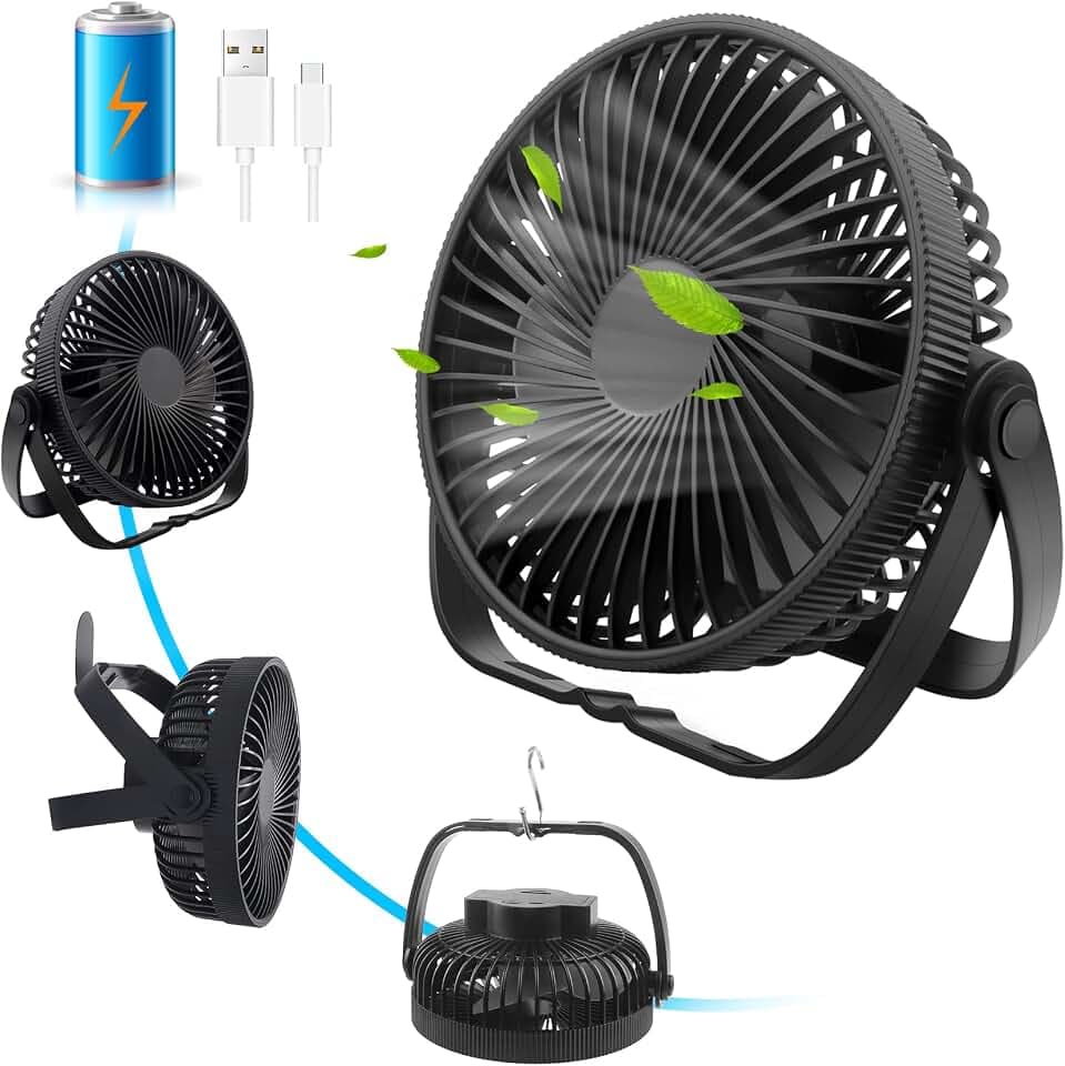 Tischventilator USB Ventilator Leise Klein mit Akku 3 in 1, Tischventilatoren Tragbarer Ventilator 3 Geschwindigkeiten 360° Einstellbar, Tisch Ventilatoren USB Lüfter für Schlafzimmer, Büro, Camping